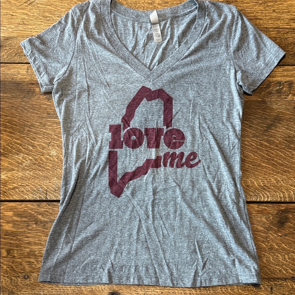 Next Level Apparel Gray V-Neck Tee with Maroon Print